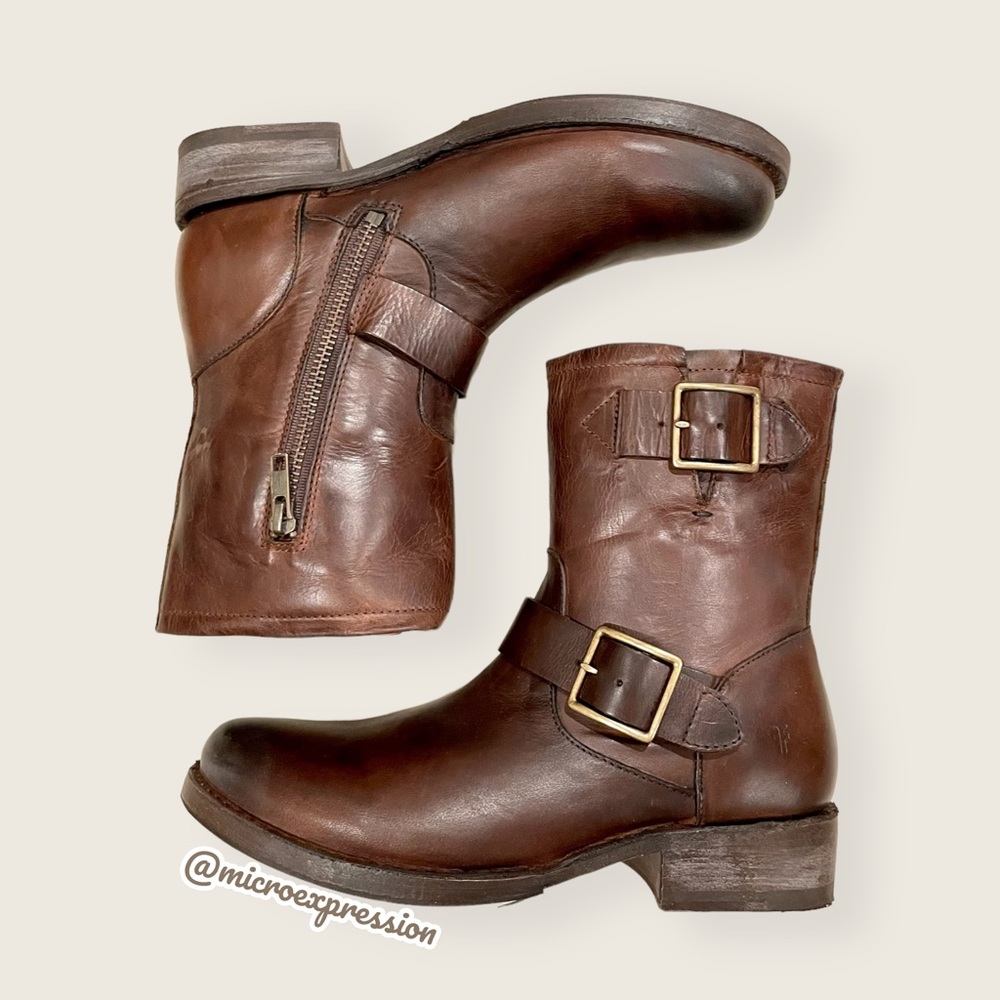 Frye Vicky Engineer Moto Brown Real Leather Belted Vintage Mid Calf Ankle Boot
